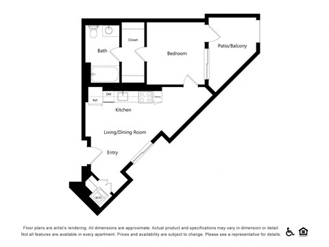 Floor plan for 1 bed, 1 bath, 582 sqft